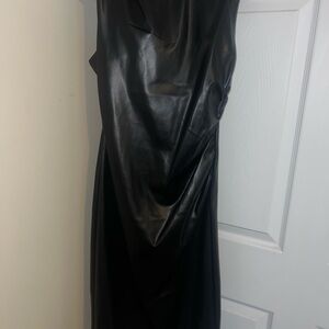 iris Black Faux Leather Midi Dress with Draped Front